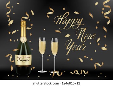 Vector illustration of opened bottle of champagne or sparkling wine with a cork and splash in photorealistic style. A realistic object on a black background. 3D Realism.