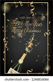 Vector illustration of opened bottle of champagne or sparkling wine with a cork and splash in photorealistic style. Greeting card. Christmas holiday banner with confetti and glitter 2019