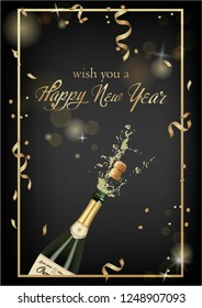 Vector illustration of opened bottle of champagne or sparkling wine with a cork and splash in photorealistic style. Greeting card. Christmas holiday banner with confetti and glitter 2019