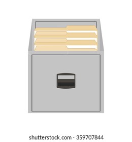 Vector illustration opened card catalog with file folders. Office furniture. Metal filing cabinet. Documents in folder