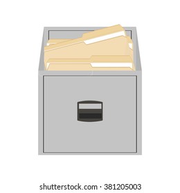 Vector illustration opened card catalog with file folders. Office furniture. Metal filing cabinet. Documents in folder