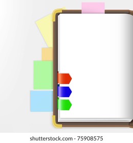 Vector illustration. Opened dairy or notepad with bookmarks.