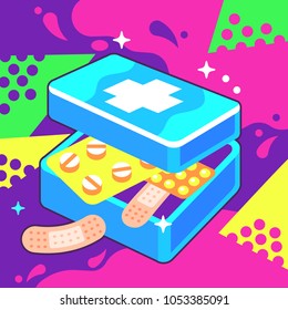 Vector Illustration of Opened First-Aid Kit Box in Pop Art Style