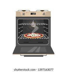 Vector illustration of opened gas stove with tasty pizza inside. Flat cartoon style. Isolated on white.