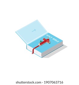 Vector illustration of opened holy bible with a church shaped like a cross.Isometric view.Religious background.