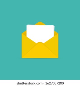 Vector illustration of opened letter. Paper document enclosed in an envelope. Delivery of correspondence or office documents. Flat vector illustration