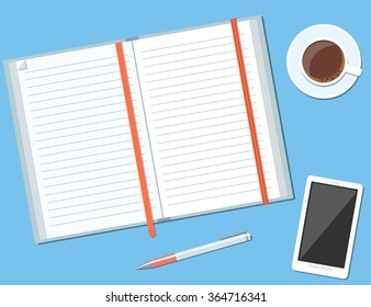 Vector illustration of opened notebook with pen, mobile phone and cup of coffee. Office supplies or business tools.