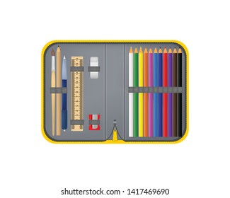 Vector illustration of opened pencil case, top view. Isolated on white background