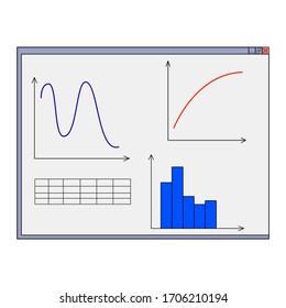 Vector illustration of an opened program window with different graph charts isolated on white background