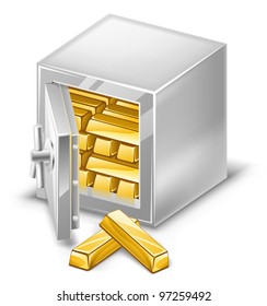 Vector illustration of opened safe with gold ingots on white background.