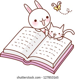 A vector illustration of opened student book with a rabbit and cat
