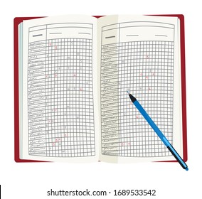 Vector illustration of opened teacher`s grade book isolated on white background. Students data, attendance, academic performance in classroom. Back to school, Day of knowledge, Teachers day concept