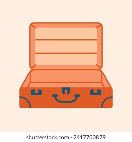 Vector illustration with opened vintage suitcase. Adventure tourism, travel abroad, summer vacation trip, luggage. Cute isolated clip art in cartoon style.