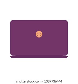 Vector illustration of opened violet notebook with a smile face on the back. Isolated on white background
