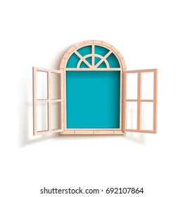 Vector illustration of opened window with blue background isolated on white.