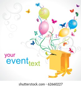 vector illustration of opened yellow gift box and colorful balloons with butterflies isolated on white