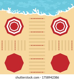 Vector illustration Opening up beaches after COVID-19 quarantine, coronavirus pandemic. Umbrellas, places to relax at distance Social distancing. Summer Reducing risk of infection, prevention measures