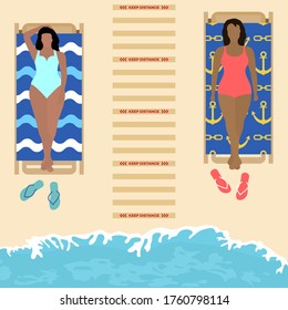 Vector illustration Opening up beaches after COVID-19 quarantine, coronavirus pandemic. People lie on beach towels at distance Social distancing. Summer Reducing risk of infection, prevention measures