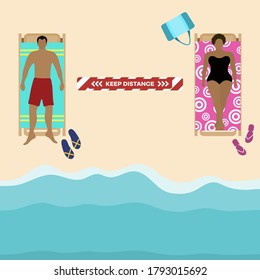 Vector illustration Opening up beaches after COVID-19 quarantine, coronavirus pandemic. People lie on beach towels at distance Social distancing. Summer Reducing risk of infection, prevention measures