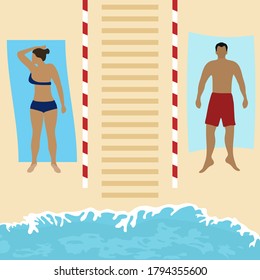 Vector illustration Opening up beaches after COVID-19 quarantine, coronavirus pandemic. People lie on beach towels at distance Social distancing. Summer Reducing risk of infection, prevention measures