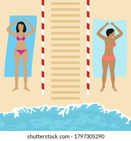 Vector illustration Opening up beaches after COVID-19 quarantine, coronavirus pandemic. People lie on beach towels at distance Social distancing. Summer Reducing risk of infection, prevention measures