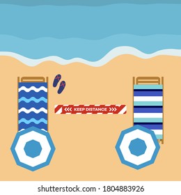 Vector illustration Opening up beaches after COVID-19 quarantine, coronavirus pandemic. Umbrellas, places to relax at distance Social distancing. Summer Reducing risk of infection, prevention measures