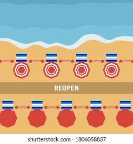 Vector illustration Opening up beaches after COVID-19 quarantine, coronavirus pandemic. Umbrellas, places to relax at distance Social distancing. Summer Reducing risk of infection, prevention measures