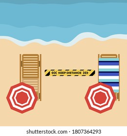 Vector illustration Opening up beaches after COVID-19 quarantine, coronavirus pandemic. Umbrellas, places to relax at distance Social distancing. Summer Reducing risk of infection, prevention measures