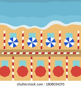Vector illustration Opening up beaches after COVID-19 quarantine, coronavirus pandemic. Umbrellas, places to relax at distance Social distancing. Summer Reducing risk of infection, prevention measures