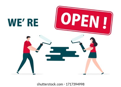 Vector illustration Opening of building materials store, shop with redecorating tool after coronavirus quarantine. People. House Repair, renovation, house building. COVID-19 Open Design for web, print