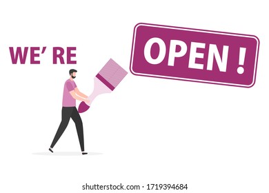 Vector illustration Opening of building materials store, shop with redecorating tool after coronavirus quarantine. People. House Repair, renovation, house building. COVID-19 Open Design for web, print