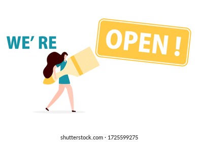 Vector illustration Opening of building materials store, shop with redecorating tool after coronavirus quarantine. People. House Repair, renovation, house building. COVID-19 Open Design for web, print