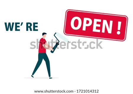 Vector illustration Opening of building materials store, shop with redecorating tool after coronavirus quarantine. People. House Repair, renovation, house building. COVID-19 Open Design for web, print
