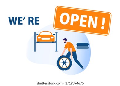 Vector illustration Opening of Car service, Auto repair shops, Auto diagnostics center, automobile maintenance station, tire service after coronavirus quarantine COVID-19 Open Design for web, print