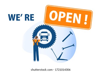 Vector illustration Opening of Car service, Auto repair shops, Auto diagnostics center, automobile maintenance station, tire service after coronavirus quarantine COVID-19 Open Design for web, print