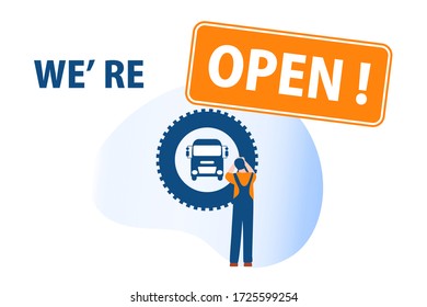 Vector illustration Opening of Car service, Auto repair shops, Auto diagnostics center, automobile maintenance station, tire service after coronavirus quarantine COVID-19 Open Design for web, print