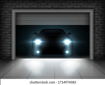 Vector illustration of opening garage and car with brightly shining headlights