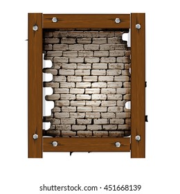 Vector illustration of an opening in the old brick wall frame with wooden boards. Isolated object on a white background, can be used with any image or text.