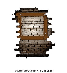 Vector illustration of an opening in the old brick wall frame with wooden boards. Isolated object on a white background, can be used with any image or text.