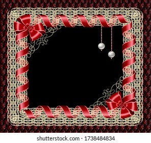 Vector illustration of openwork lace in a frame of gold and red color silk and satin bow