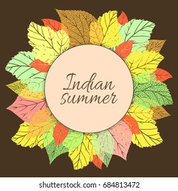 Vector illustration. The openwork wreath of autumn colored leaves with label for text.