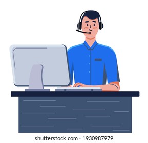 vector illustration, operator of a call center ha at a work desk, support service