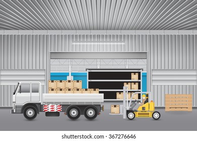 Vector illustration of operator handling cardboard box, pallet onto storage truck by forklift, equipment for logistic, shipping and delivery. Freight transport and distribution industry.