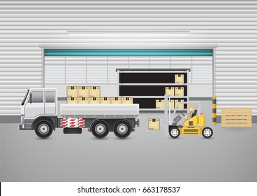 Vector illustration of operator handling cardboard box, pallet onto storage truck by forklift, equipment for logistic, shipping and delivery. Freight transport and distribution industry.