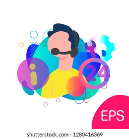 Vector illustration. Operator with headset consulting a client. Online global tech support 24/7. Operator and customer. Technical support concept. Trendy flat style