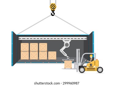Vector illustration of operator sorting wooden crate box into storage cargo container by forklift and robot for logistic, shipping and delivery. Include crane hoist, hook. Freight transport industry.
