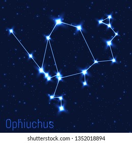 Vector illustration of Ophiuchus constellation. Astronomical Holder of serpent. Cluster of realistic stars in the dark blue starry sky.