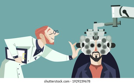 vector illustration - ophthalmologist doing a vision test to a man