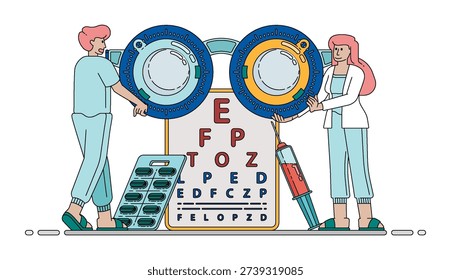 Vector illustration of Ophthalmologists Prescribing Contact Lenses For Nearsighted And Farsighted Vision. Can be used for company websites, Hospital websites, campaigns, brochures, marketing, poster ads