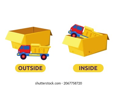 Vector illustration of opposite adjectives words. Inside and outside illustration 